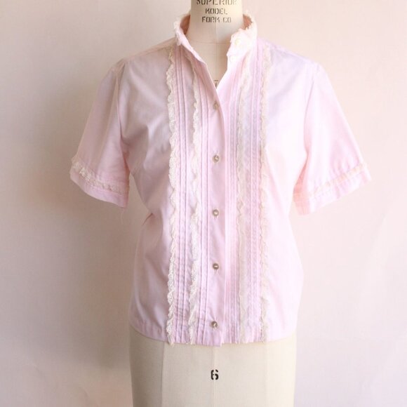 Vintage 1960s Blouse, Pink Cotton Tuxedo Front with Ruffled Lace Trim and Nehru - Picture 2 of 10
